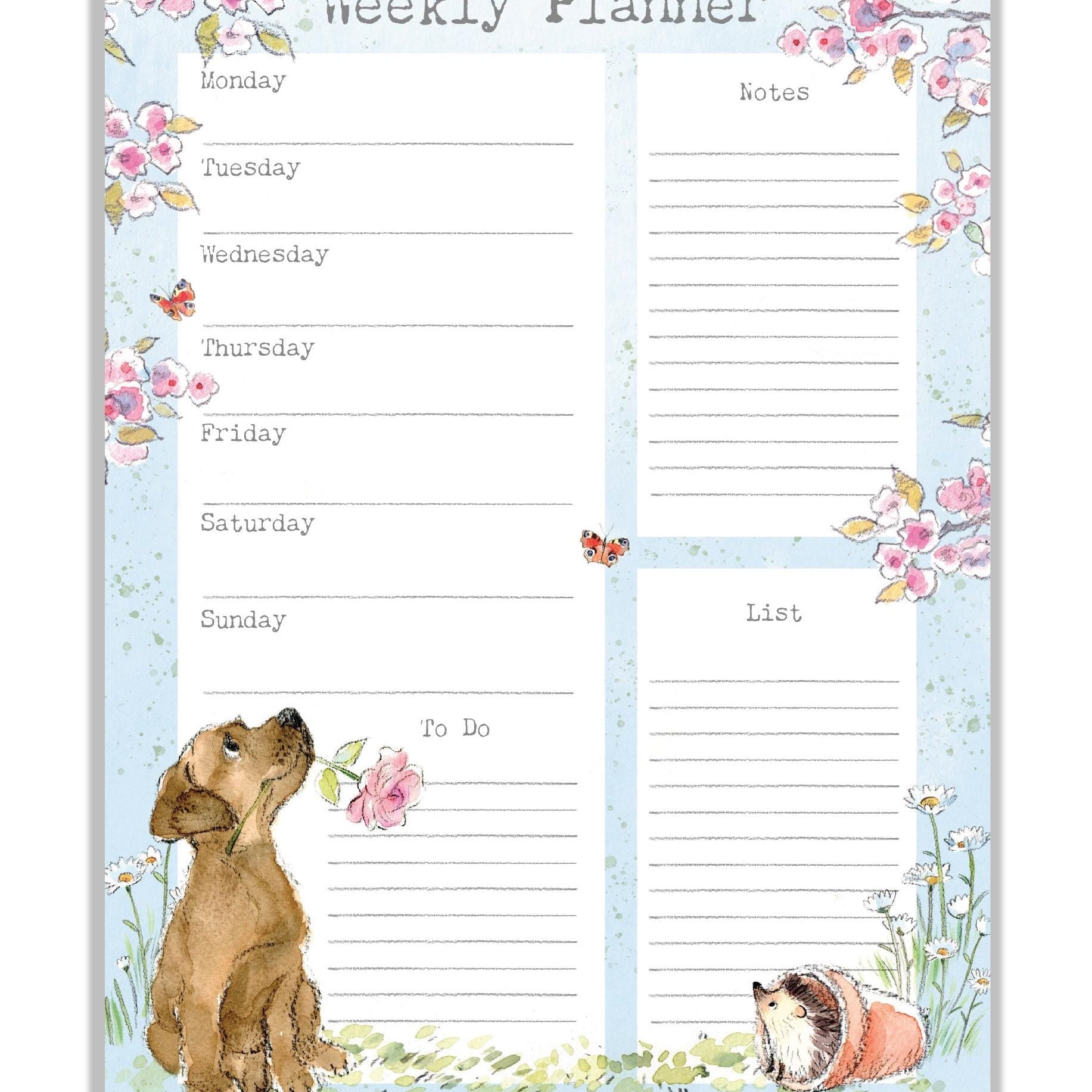 Weekly Planner - -Brown Labrador with Flower, Hedgehog in Pot