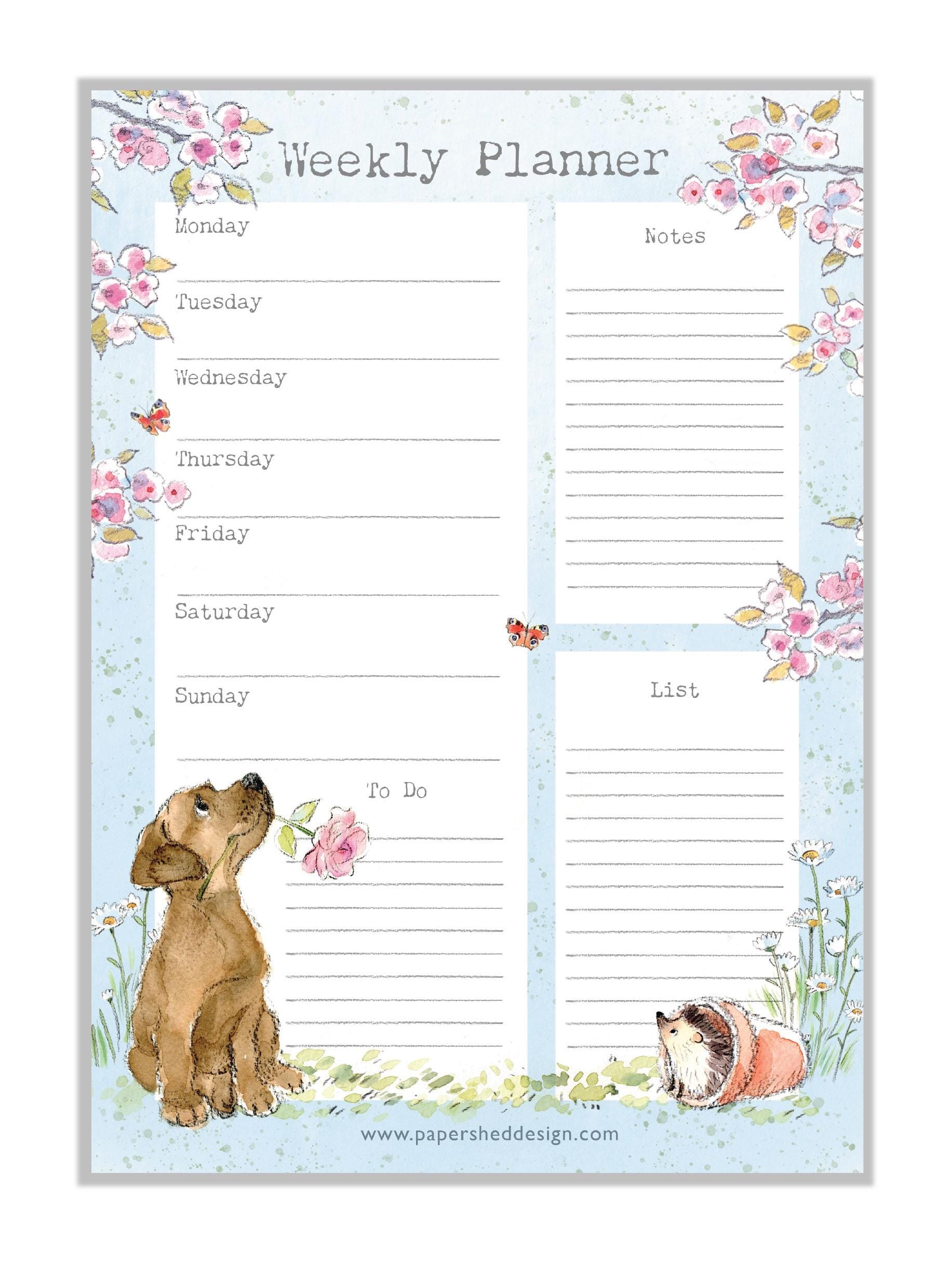 Weekly Planner - -Brown Labrador with Flower, Hedgehog in Pot
