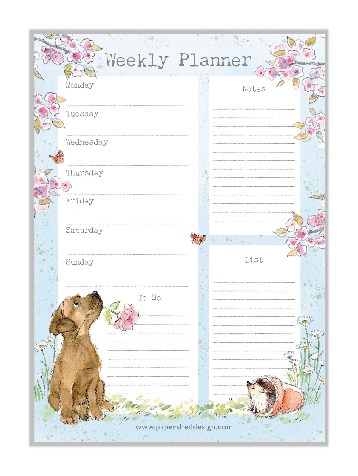 Weekly Planner - -Brown Labrador with Flower, Hedgehog in Pot