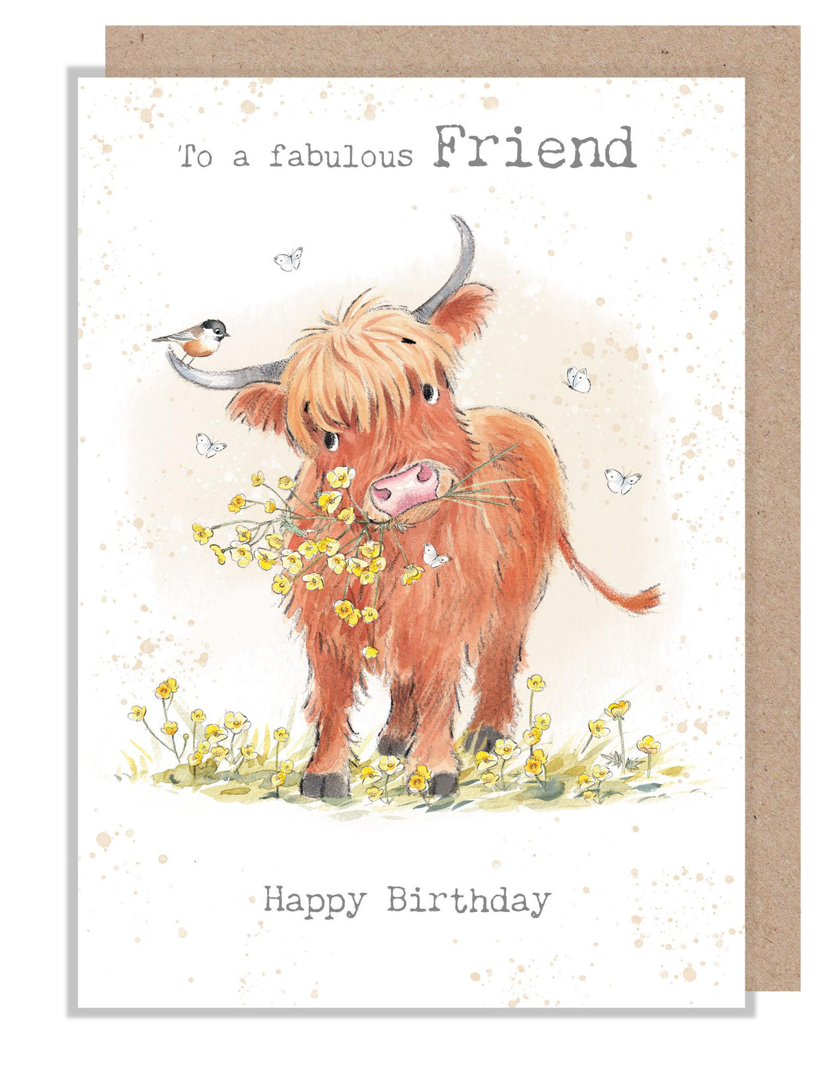 Birthday Card - Fabulous Friend - Highland Cow, Bear and Buttercups
