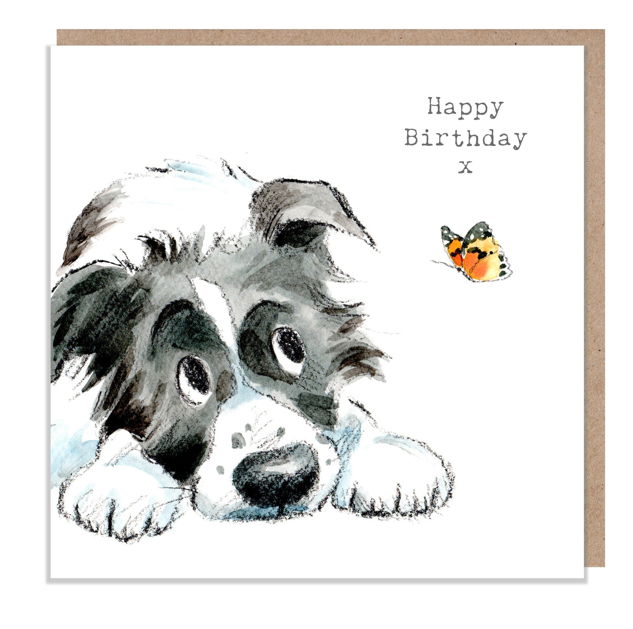 Cute Dog Birthday Card - Black and White Collie with Butterfly