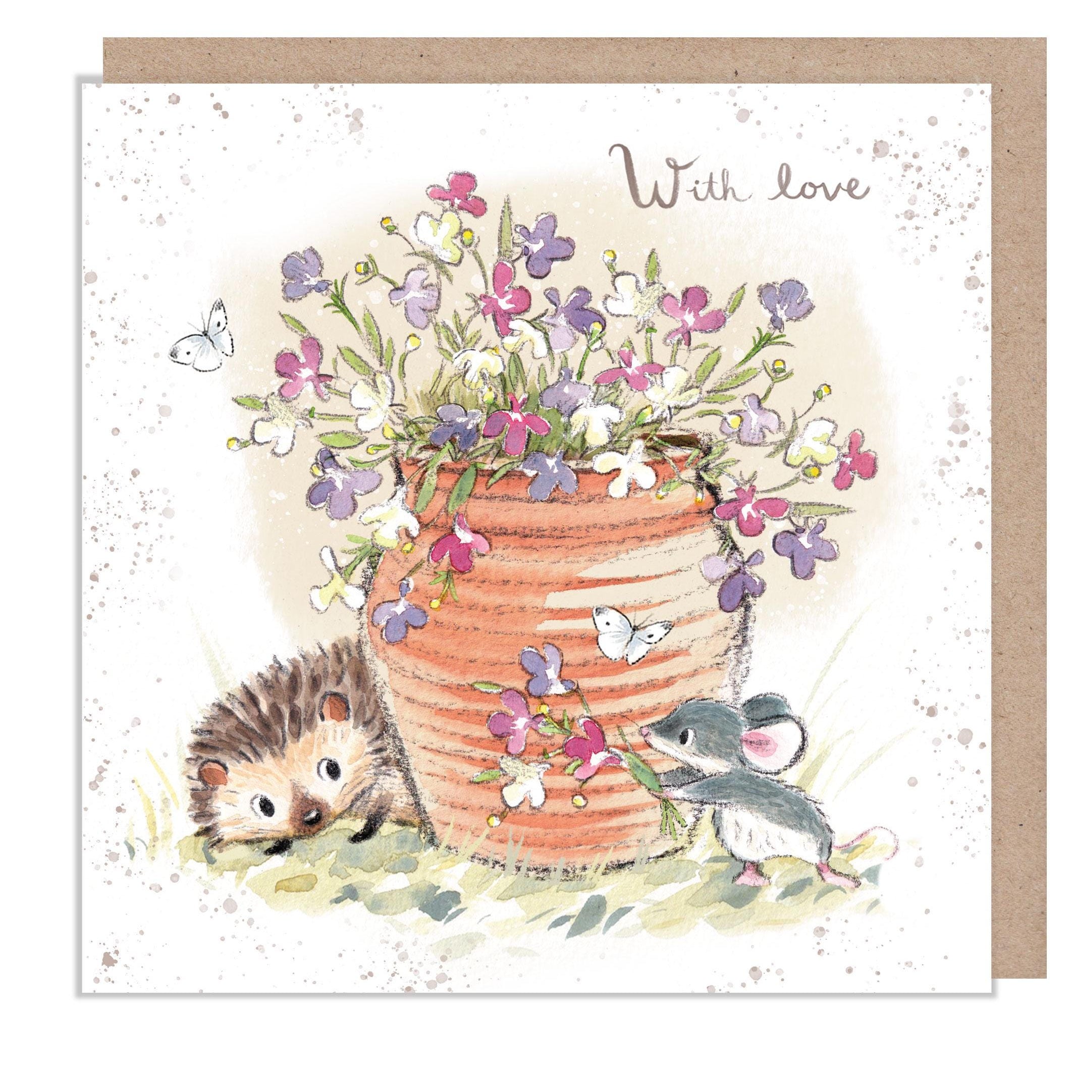 Greeting Card - with Love - Hedgehog and Mouse with Flowers in Pot