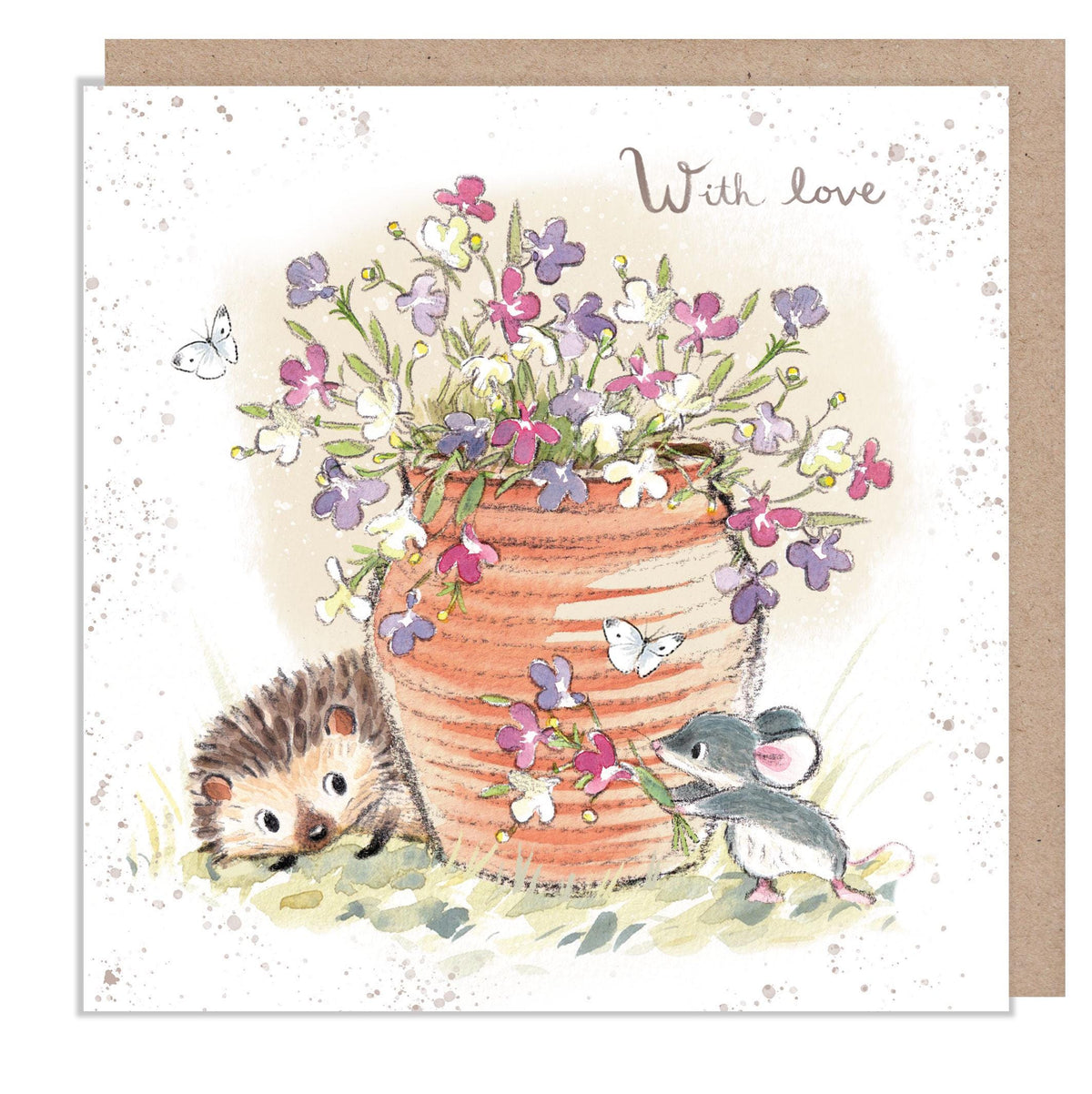 Greeting Card - with Love - Hedgehog and Mouse with Flowers in Pot