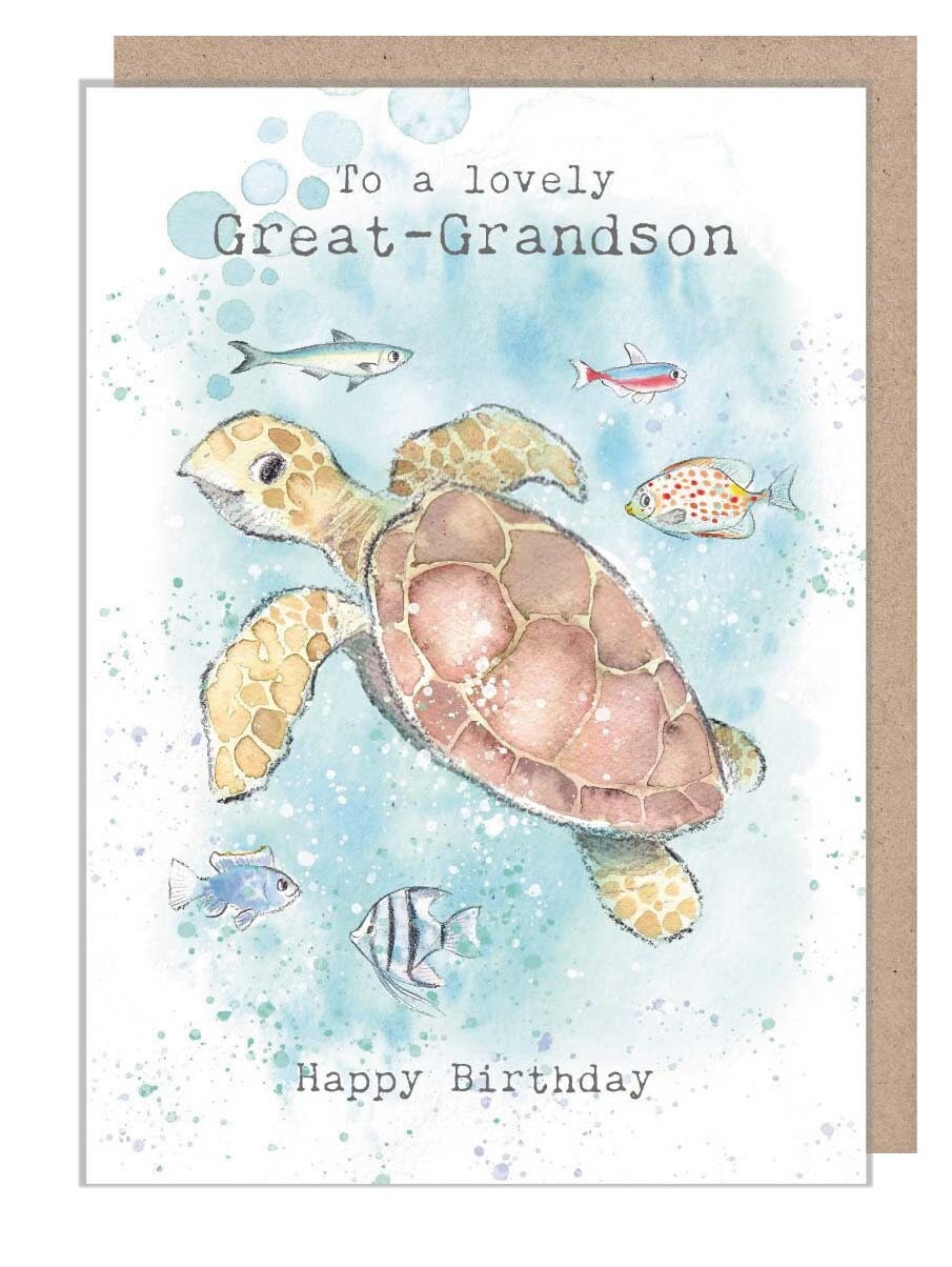 Birthday Card - Great-Grandson - Turtle with Fish