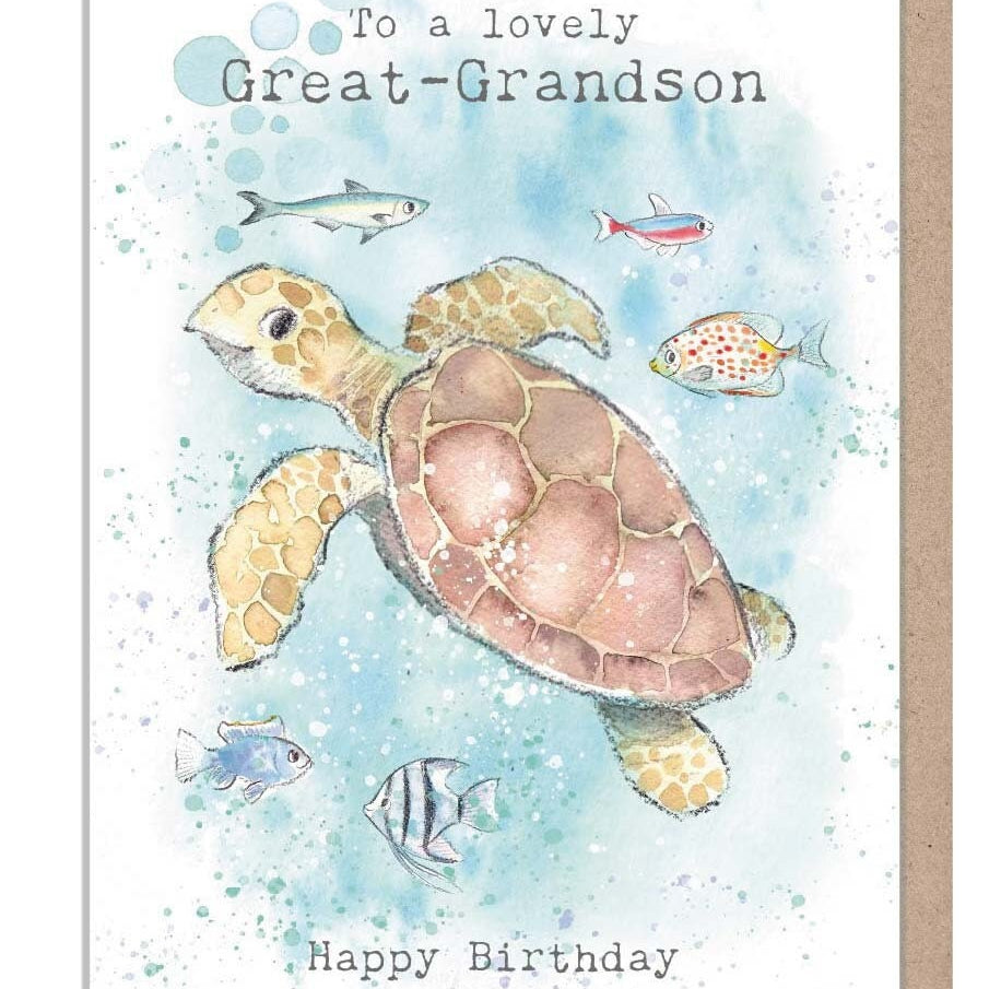 Birthday Card - Great-Grandson - Turtle with Fish