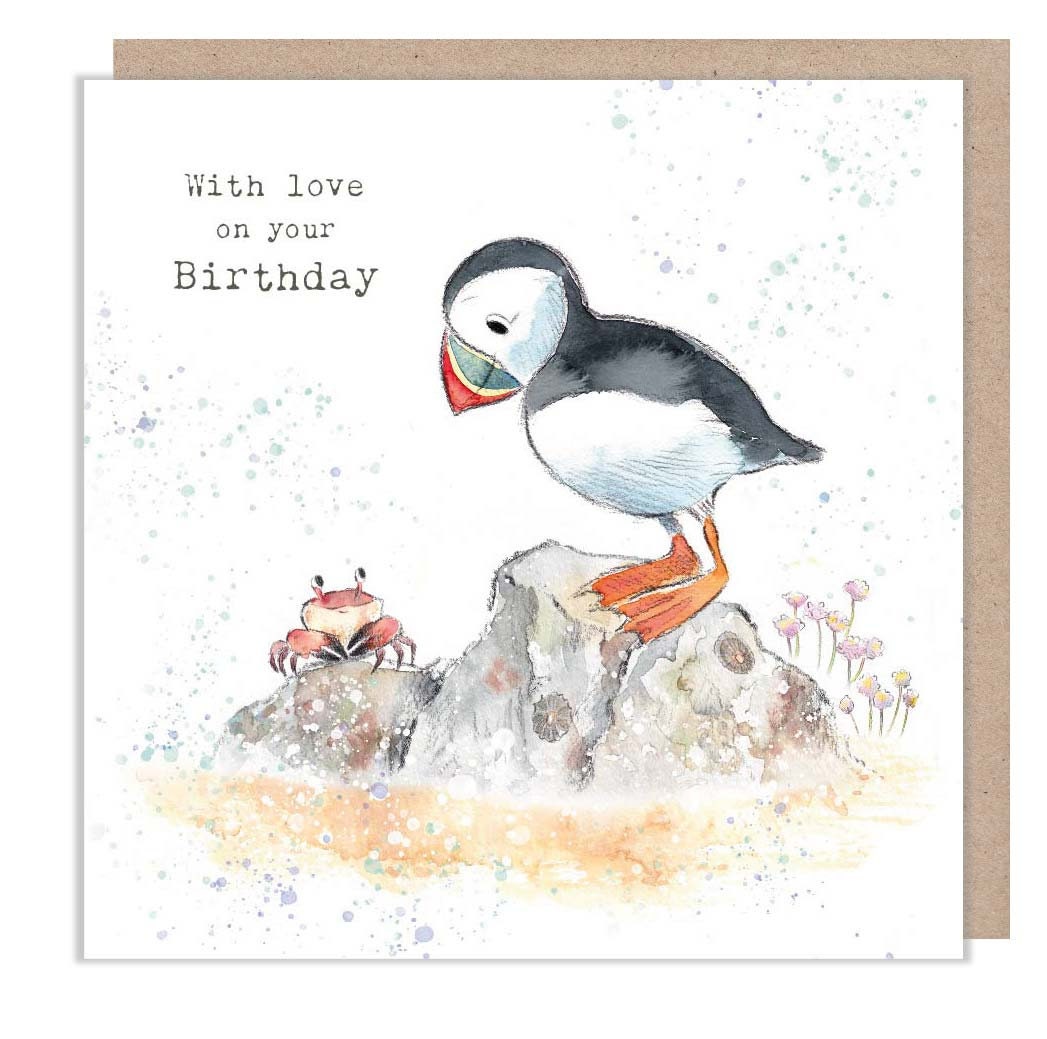 Greeting Card 'With Love on Your Birthday' - Puffin with Little Crab
