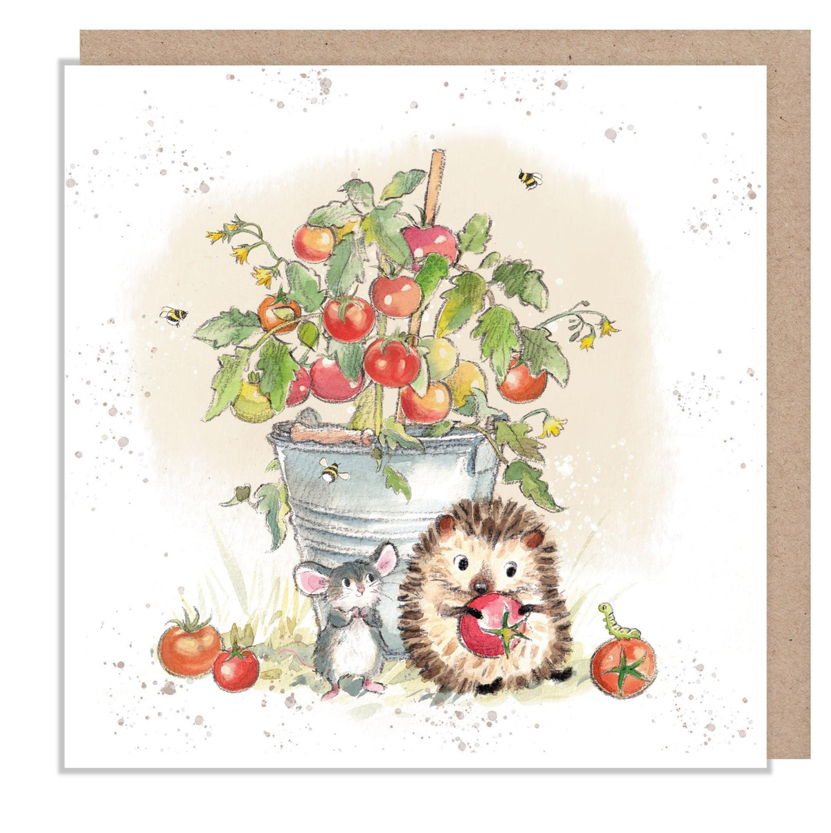Greeting Card - Blank - Hedgehog and Mouse with Tomato Plant