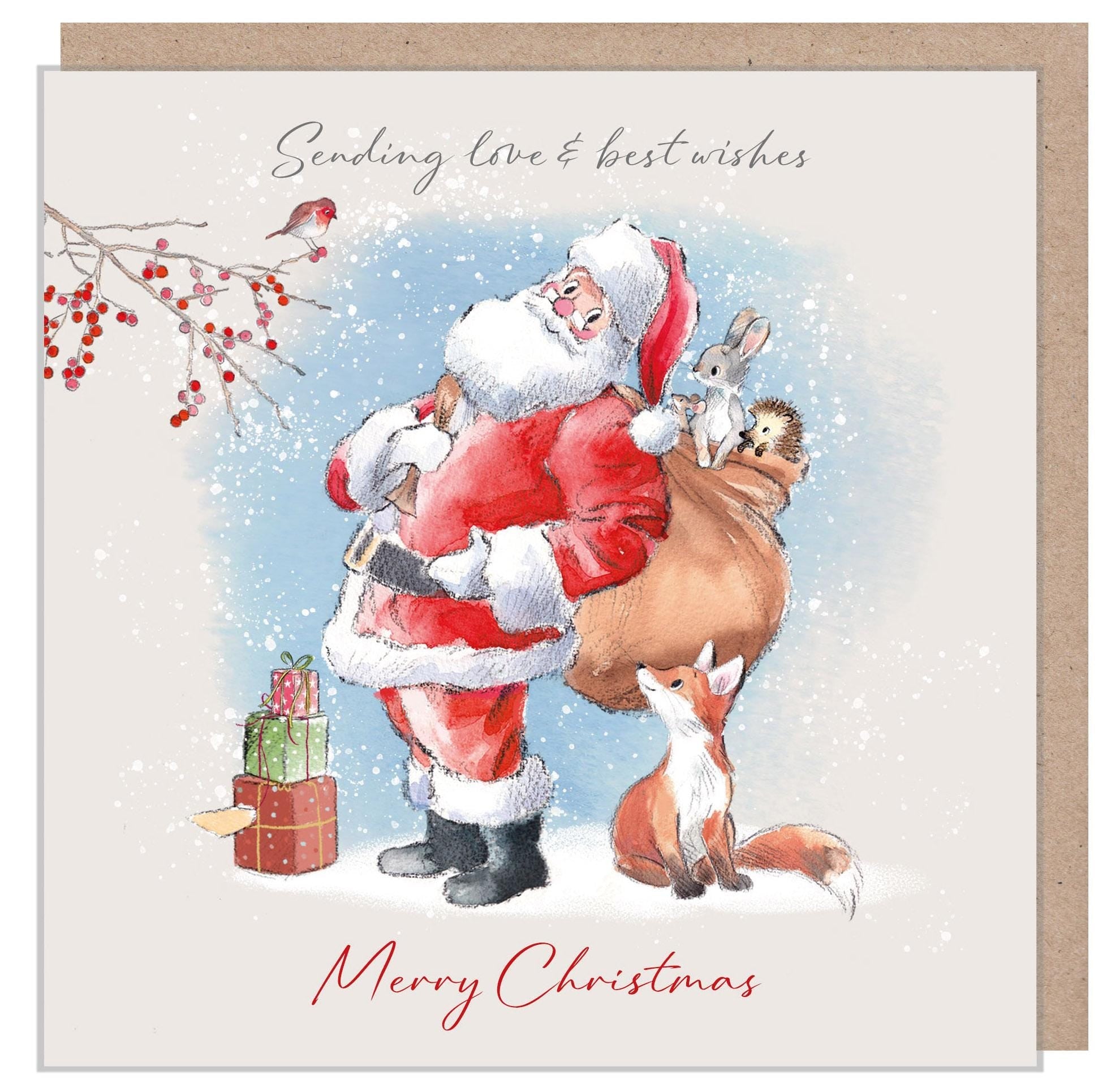 Christmas Card - Santa with Animals in Sack - Merry Christmas