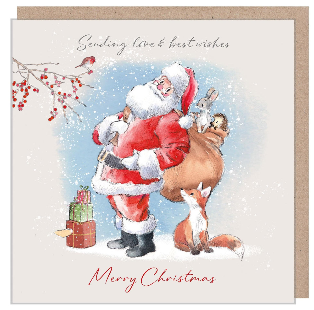 Christmas Card - Santa with Animals in Sack - Merry Christmas