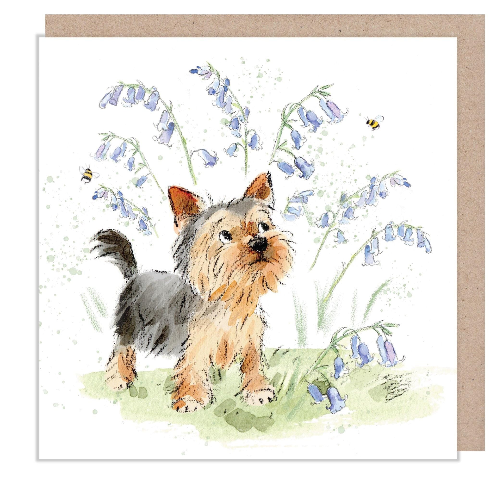 Blank Greeting Card - Yorkshire Terrier Puppy with Bluebells