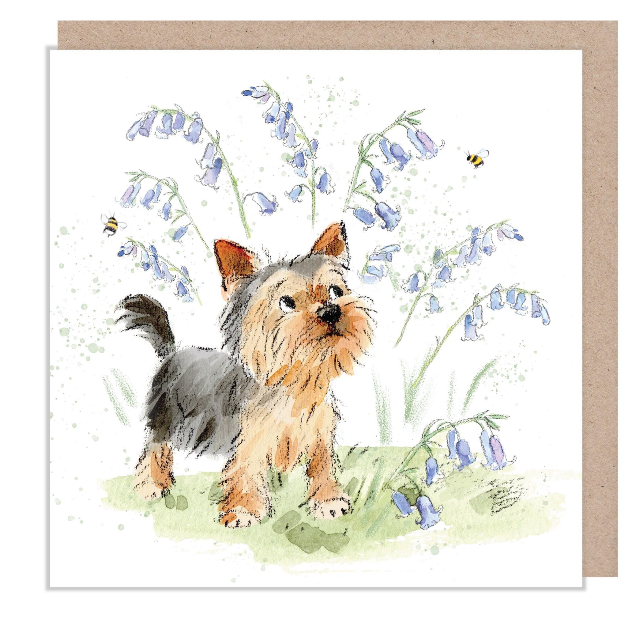 Blank Greeting Card - Yorkshire Terrier Puppy with Bluebells