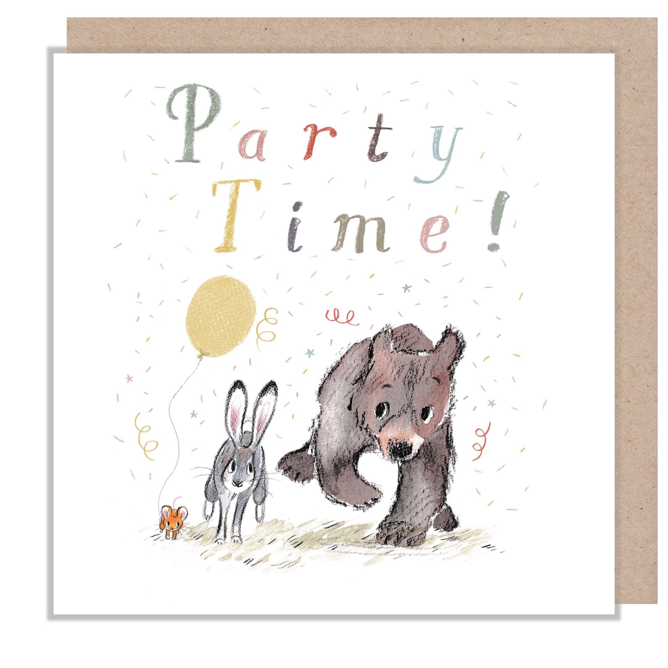 Birthday Card - Party Time - Bear, Hare & Mouse Running with Balloon