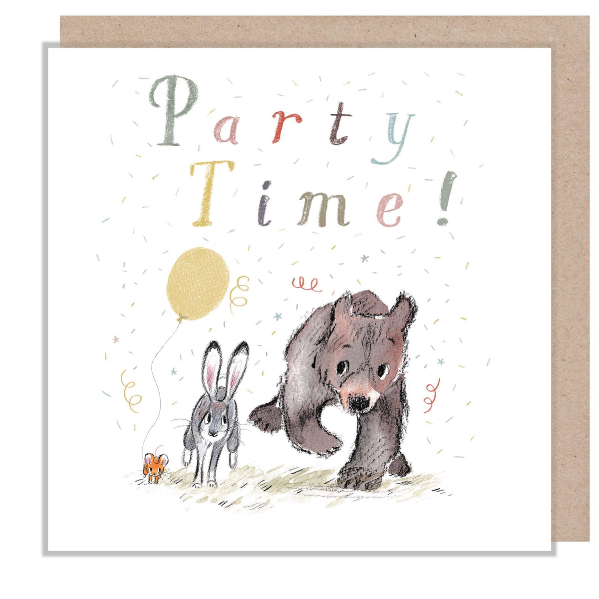 Birthday Card - Party Time - Bear, Hare & Mouse Running with Balloon
