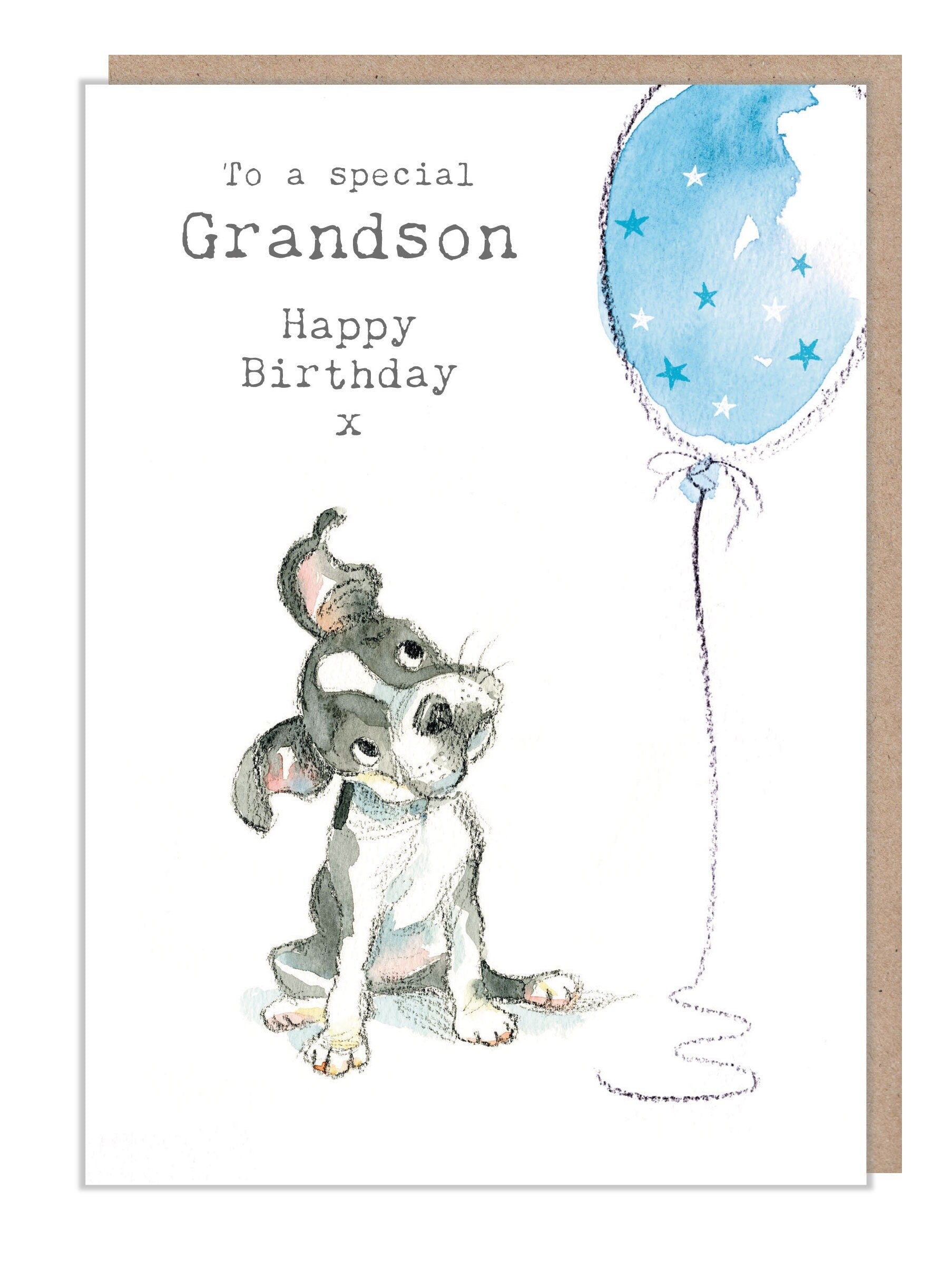 Grandson Birthday Card - Dog with Balloon