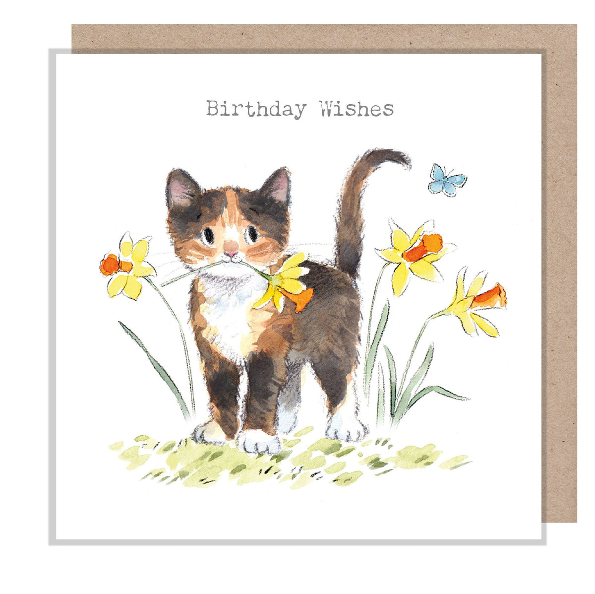 Birthday Card - Birthday Wishes - Kitten with Daffodfil in It's Mouth