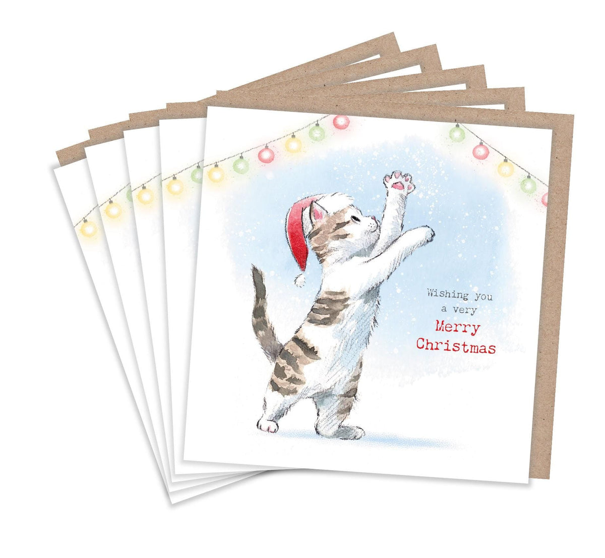 Christmas Notelet Pack - Kitten Playing with Lights - Wishing You a Very Merry Christmas