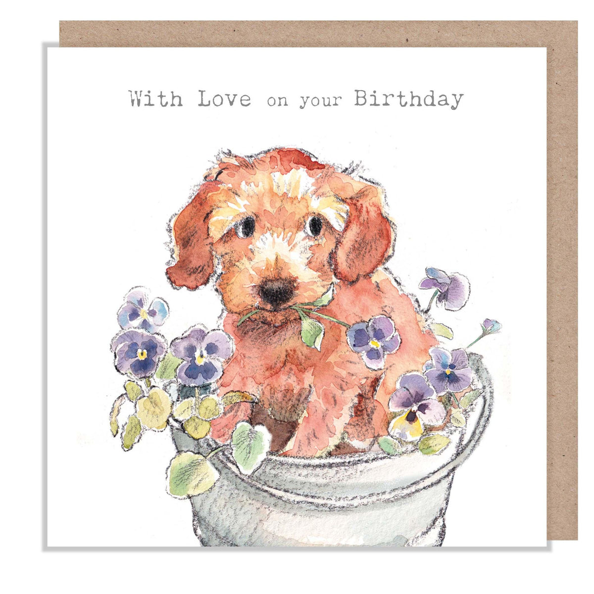 Birthday Card - with Love on Your Birthday - Golden Cockapoo in Bucket with Flowers