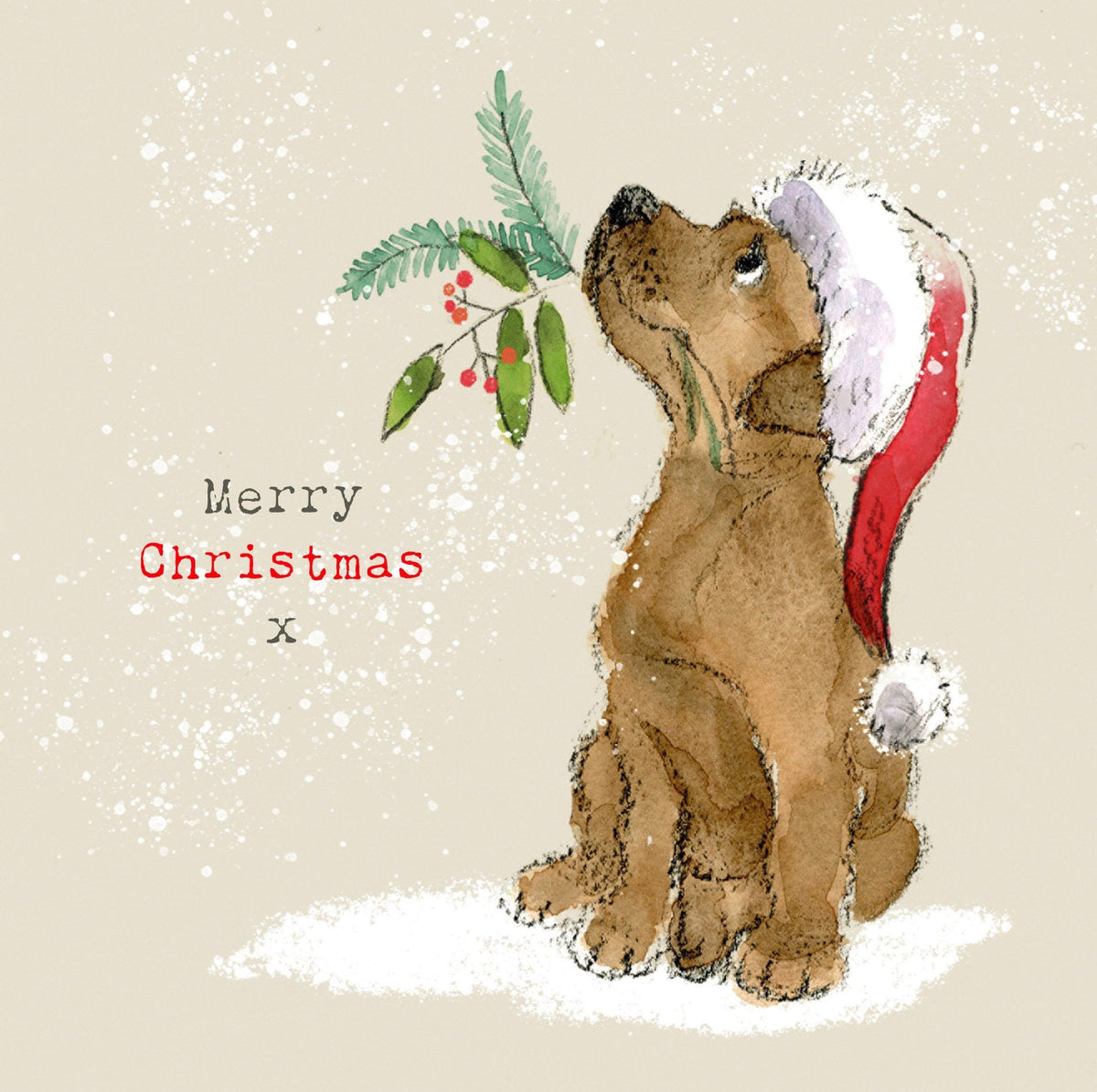 Christmas Card - Merry Christmas - Brown Labrador Puppy Looking Up with Christmas Foliage in It's Mouth.