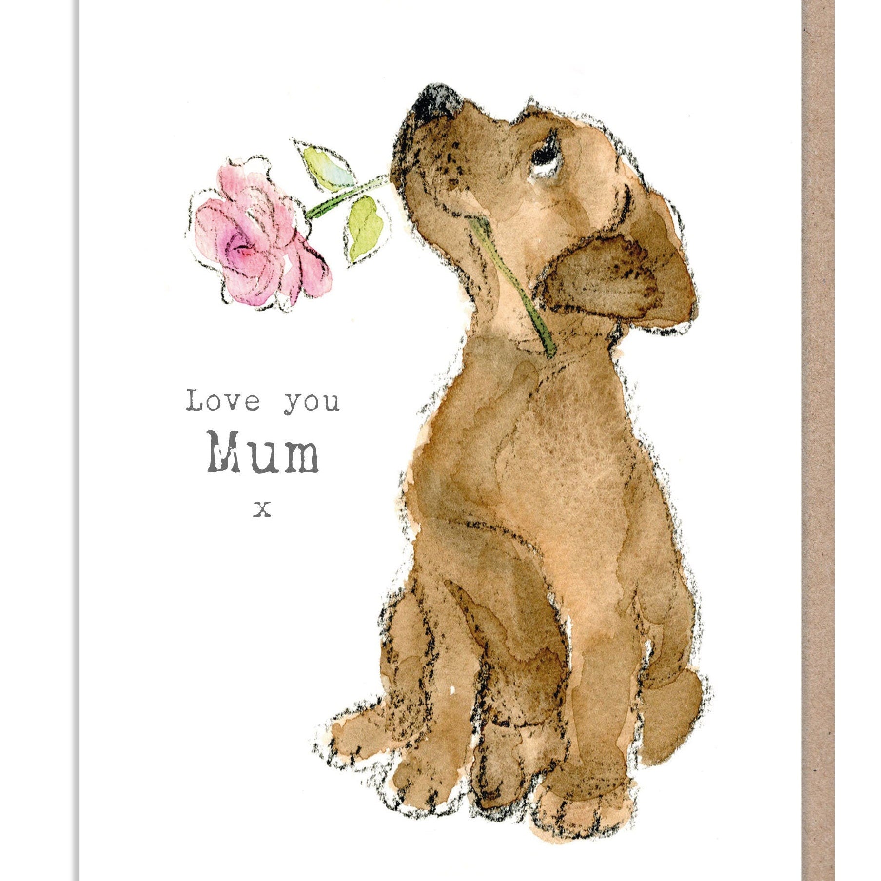 Cute Dog Card - Love You Mum - Chocolate Labrador with Pink Rose