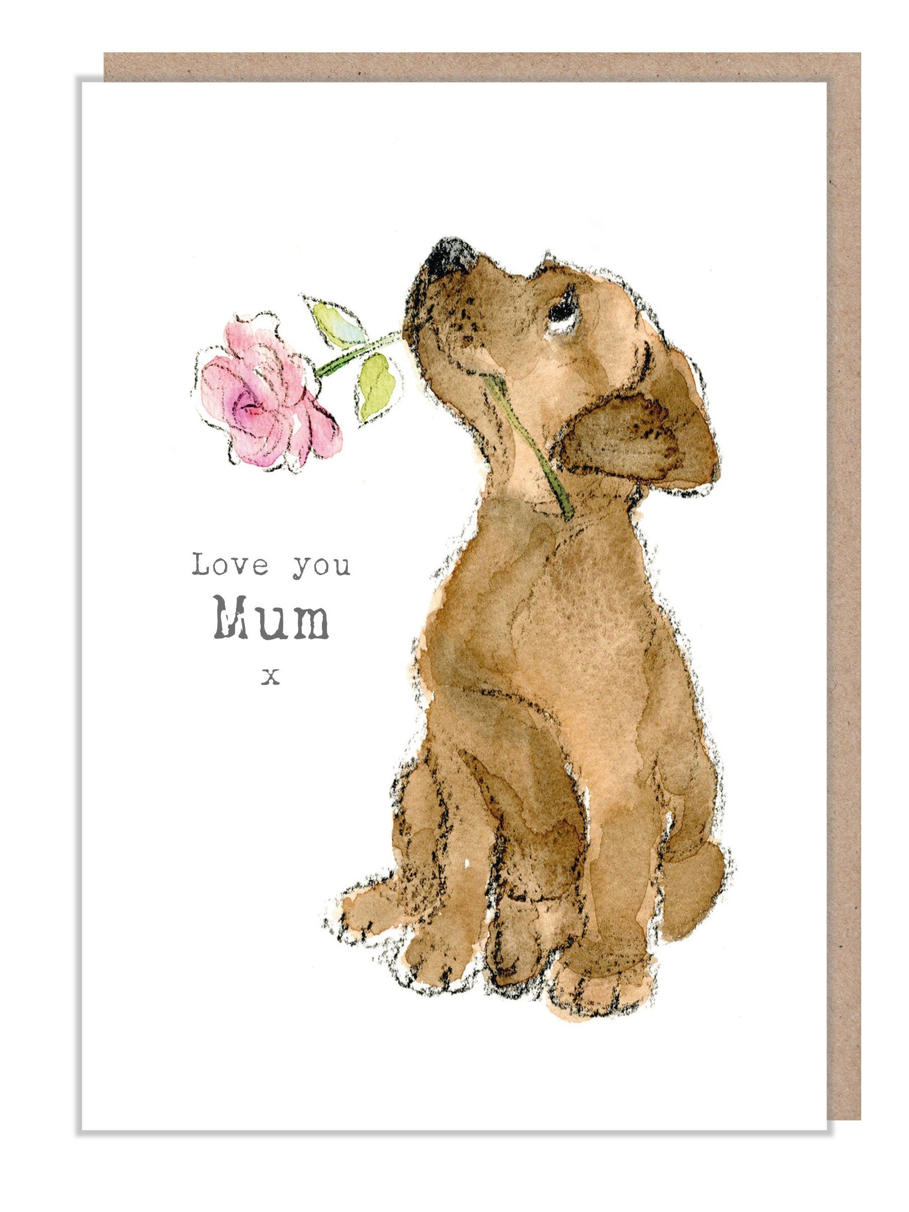 Cute Dog Card - Love You Mum - Chocolate Labrador with Pink Rose