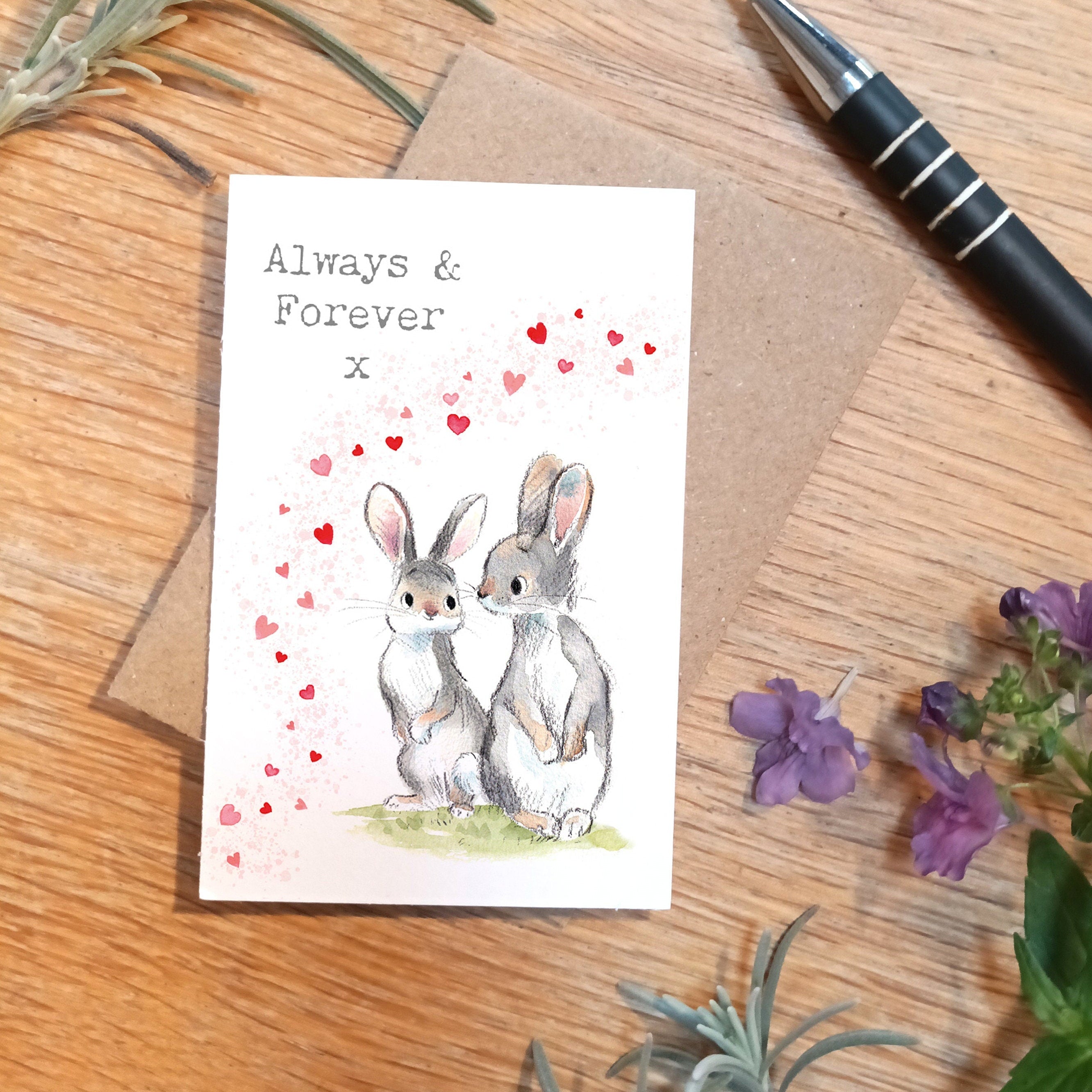 Sentiment Card - Always & Forever x - 2 Rabbits with Hearts