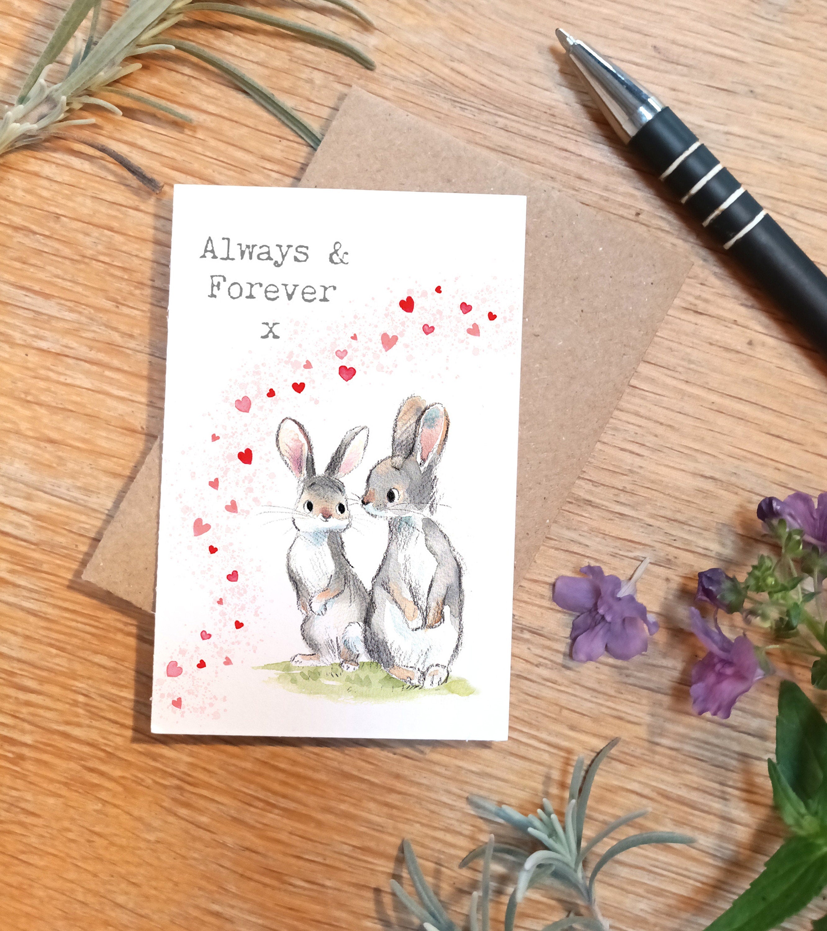 Sentiment Card - Always & Forever x - 2 Rabbits with Hearts