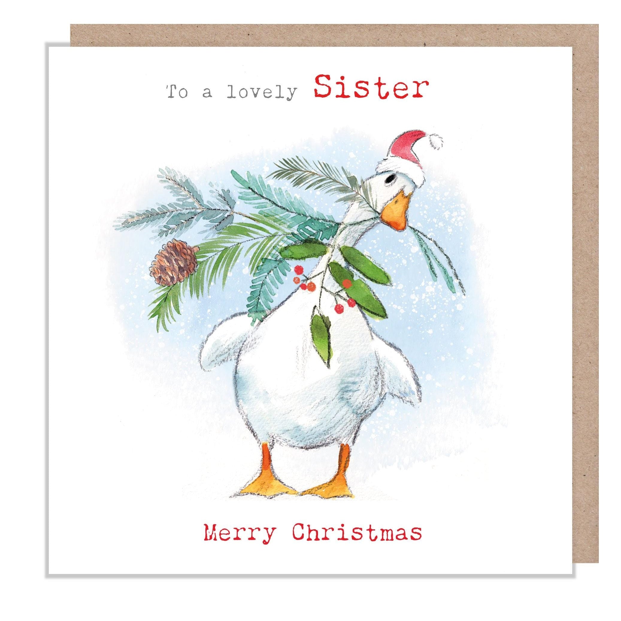 Lovely Sister Christmas Card - White Duck with Foliage