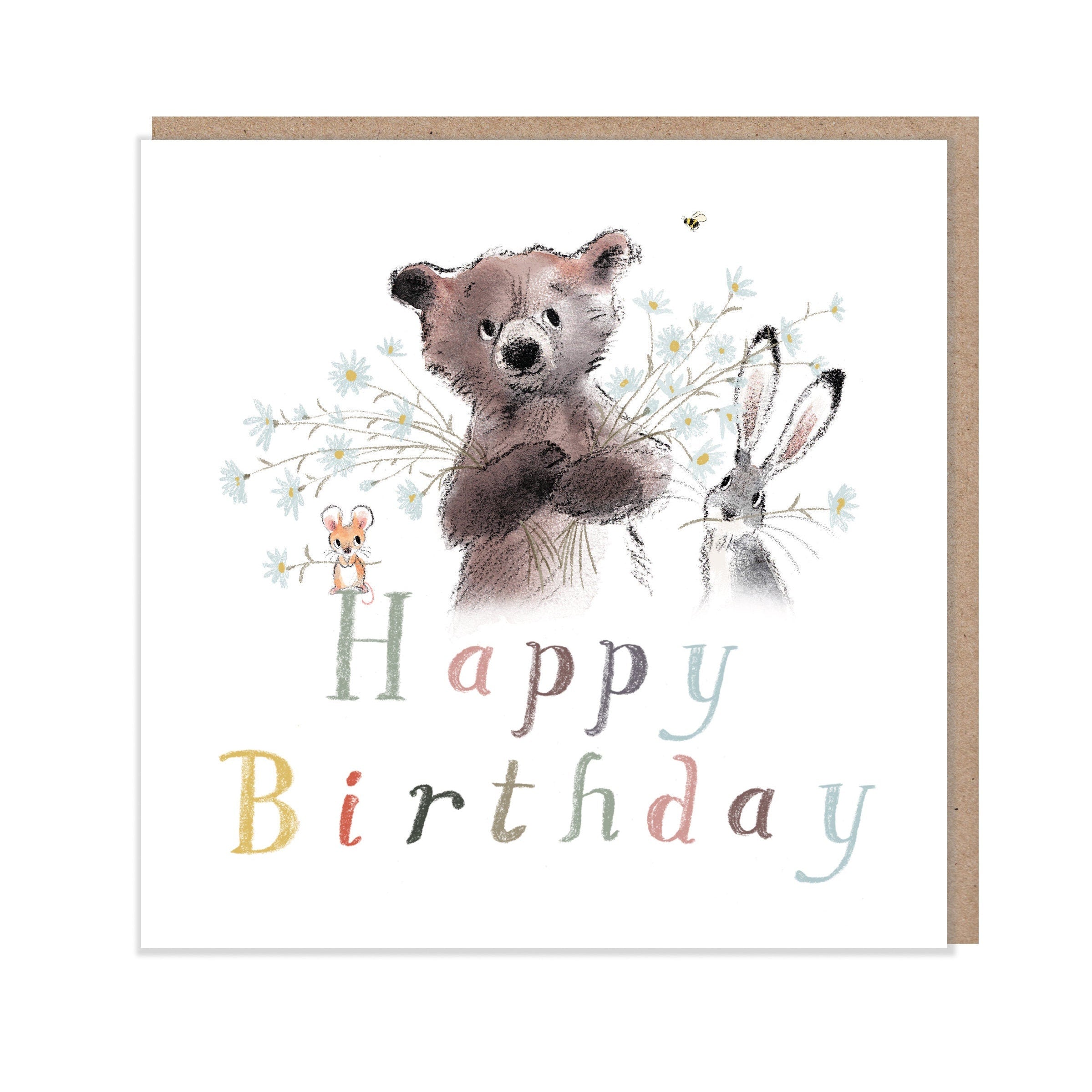 Cute Birthday Card - Happy Birthday - Bear , Hare and Mouse with Flowers