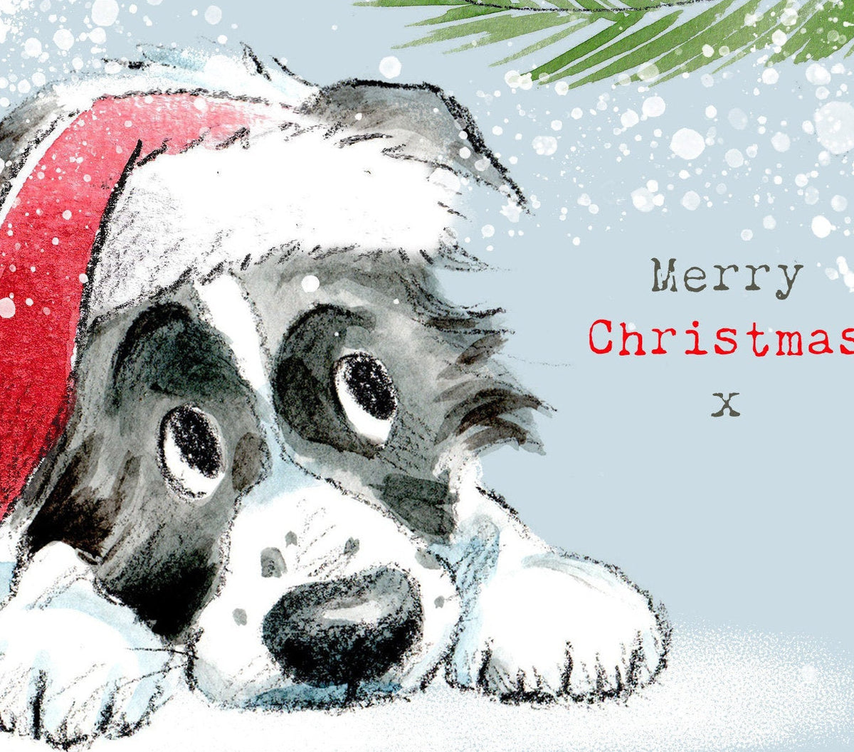 Christmas Card - Merry Christmas - Border Collie P{Puppy Looking at Robin