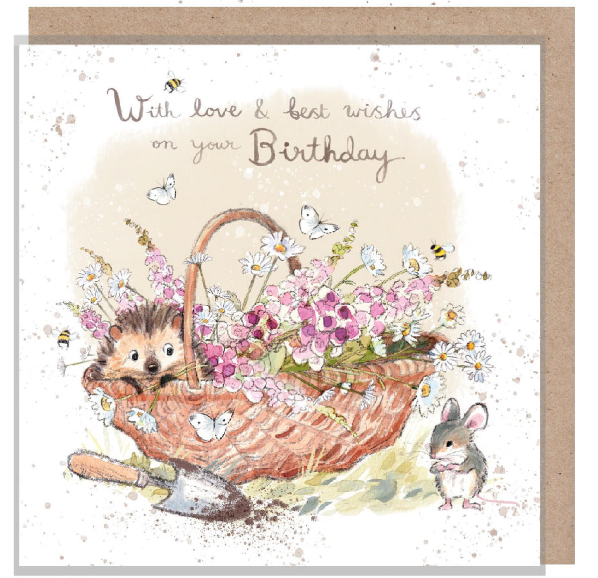 Birthday Card - Hedgehog, Mouse, Wicker Basket with Flowers