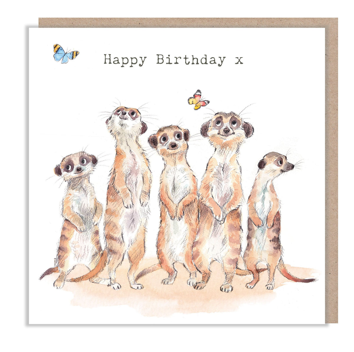 Happy Birthday Card - Cute Meerkats with Butterflies
