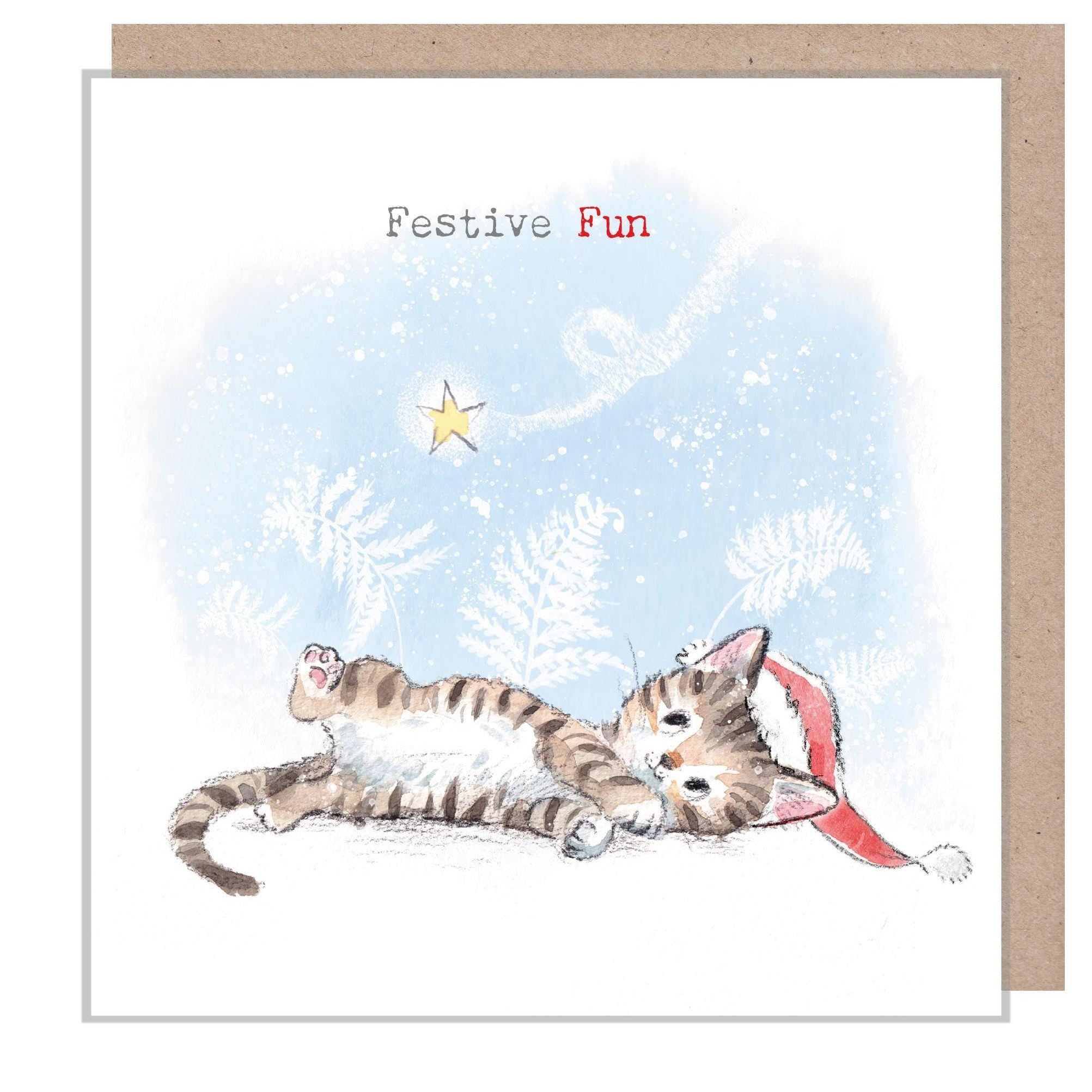 Christmas Card - Kitten Lying Down Playing with Star - Festive Fun