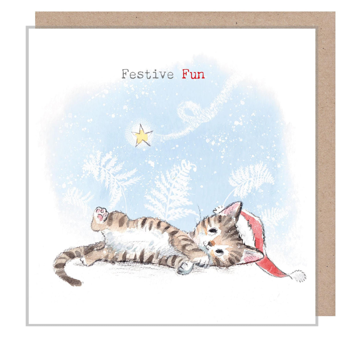 Christmas Card - Kitten Lying Down Playing with Star - Festive Fun