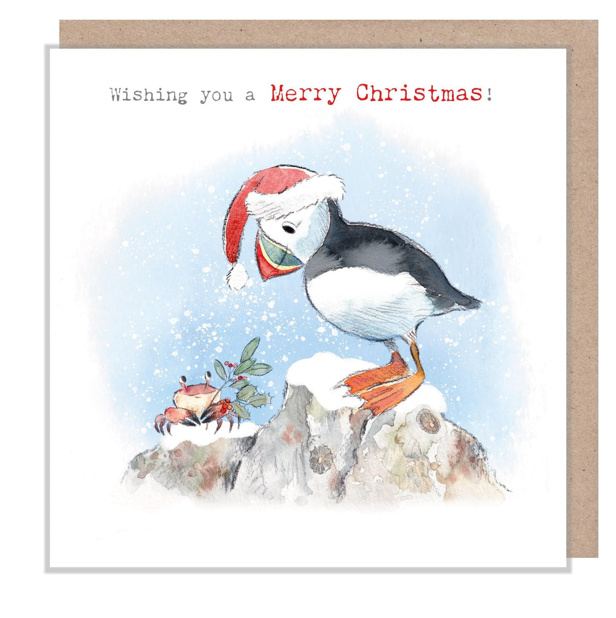 Christmas Card - Puffin and Crab - Wishing You a Merry Christmas