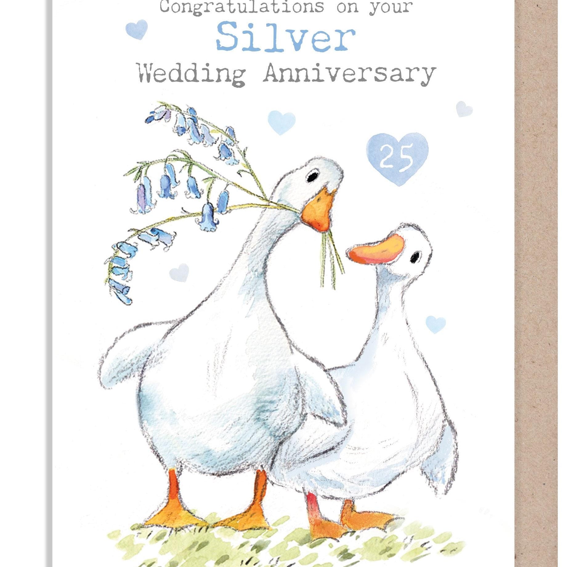 Greeting Card - Silver Wedding Anniversary - Two White Ducks with Bluebells and Hearts