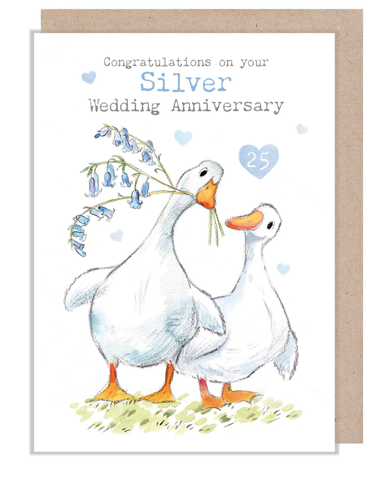 Greeting Card - Silver Wedding Anniversary - Two White Ducks with Bluebells and Hearts