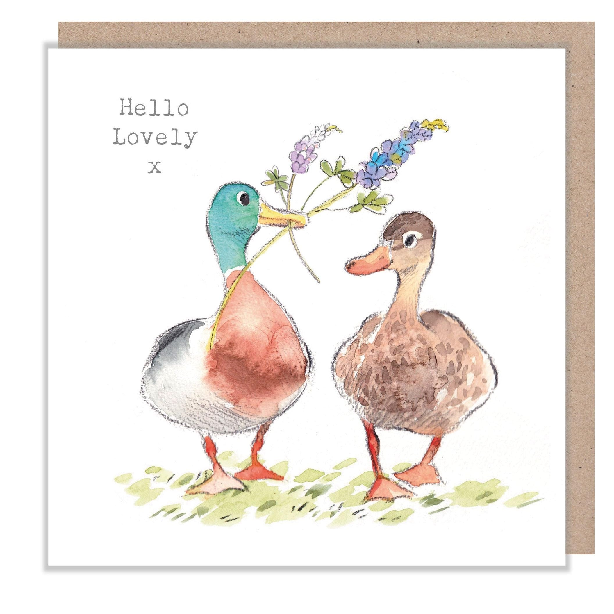 Greeting Card - Hello Lovely x - 2 Ducks with Flowers