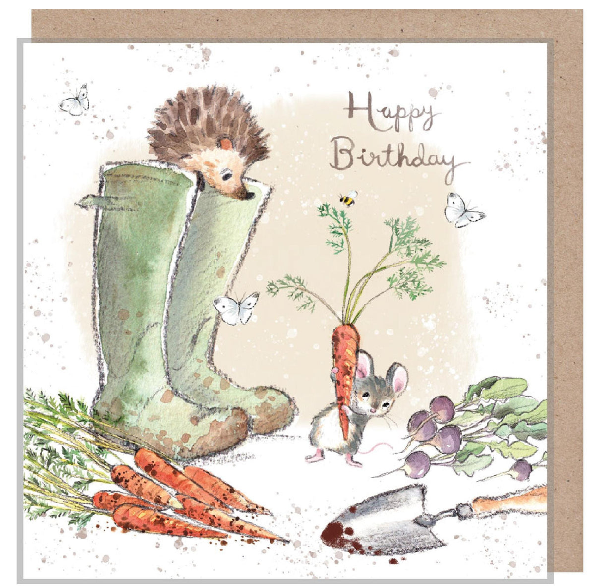 Happy Birthday Card - Hedgehog and Mouse, Wellie Boots and Vegetables