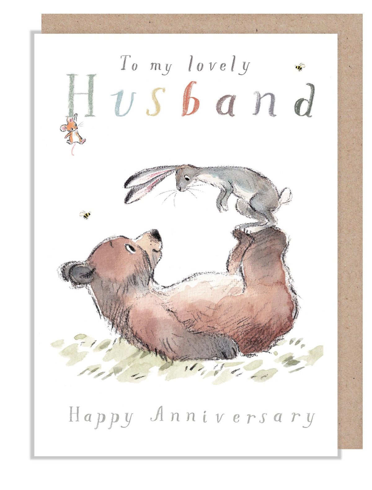 Greeting Card - Lovely Husband - Hare Standing on Bear's Feet