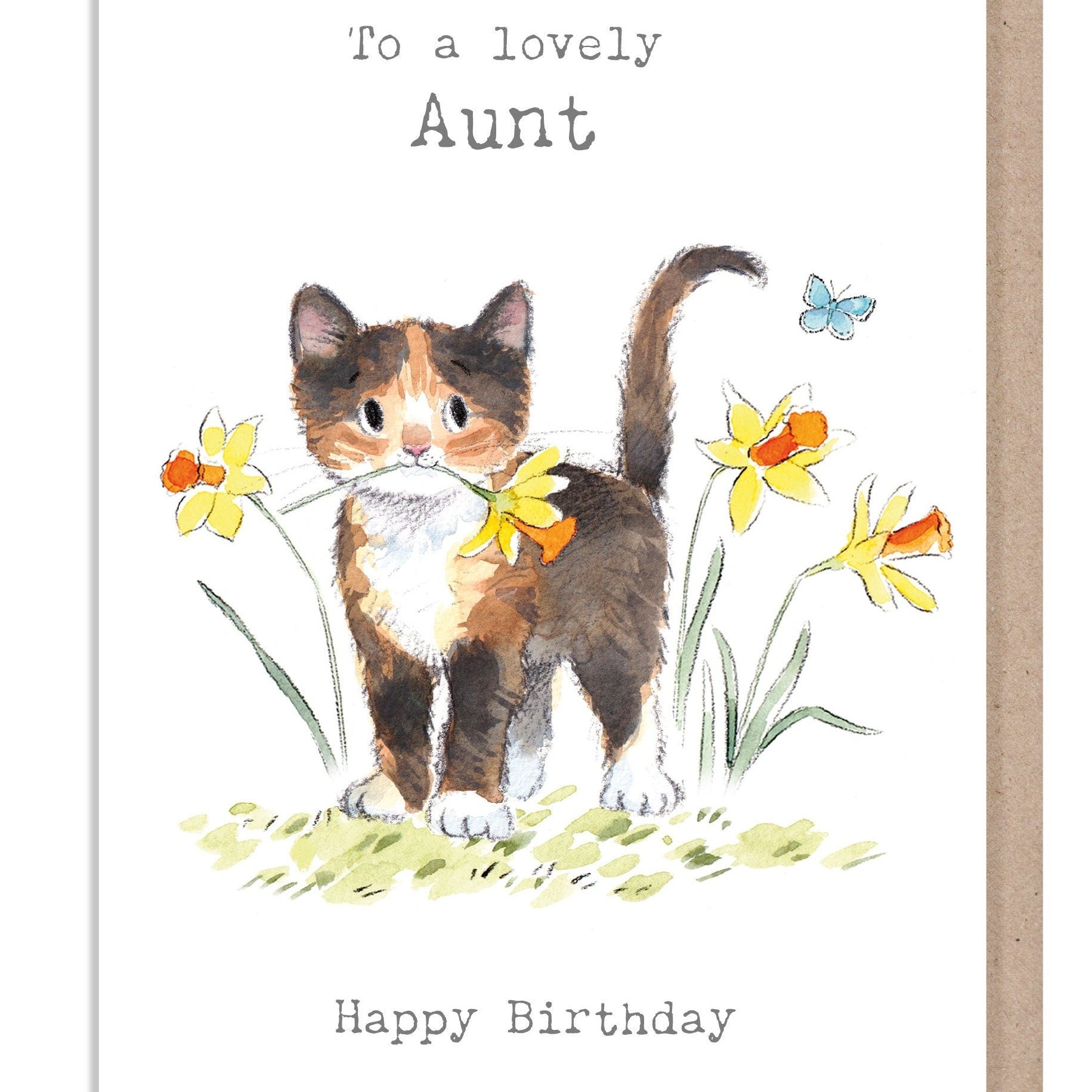 Birthday Card - Lovely Aunt - Brown Kitten with Daffodils