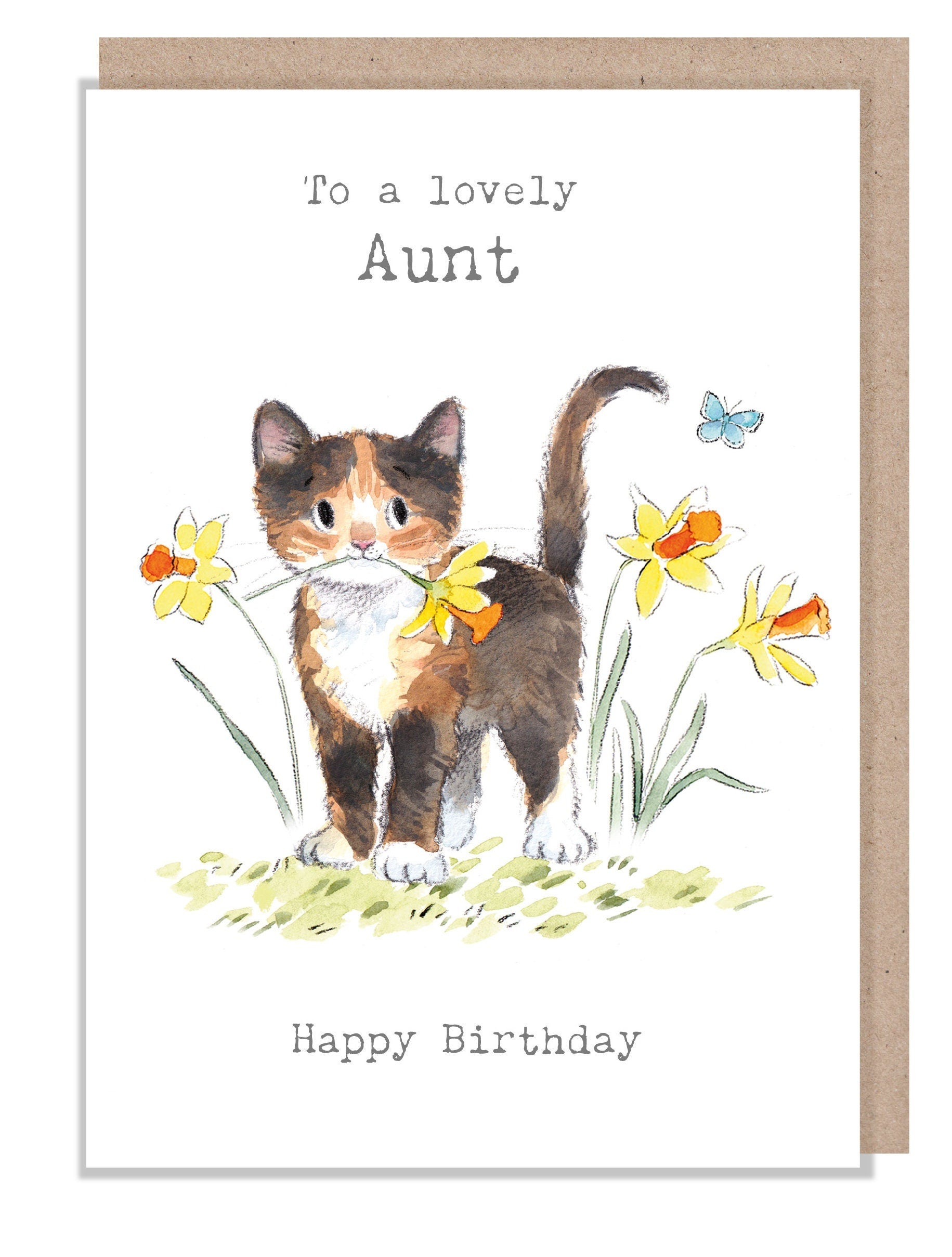 Birthday Card - Lovely Aunt - Brown Kitten with Daffodils