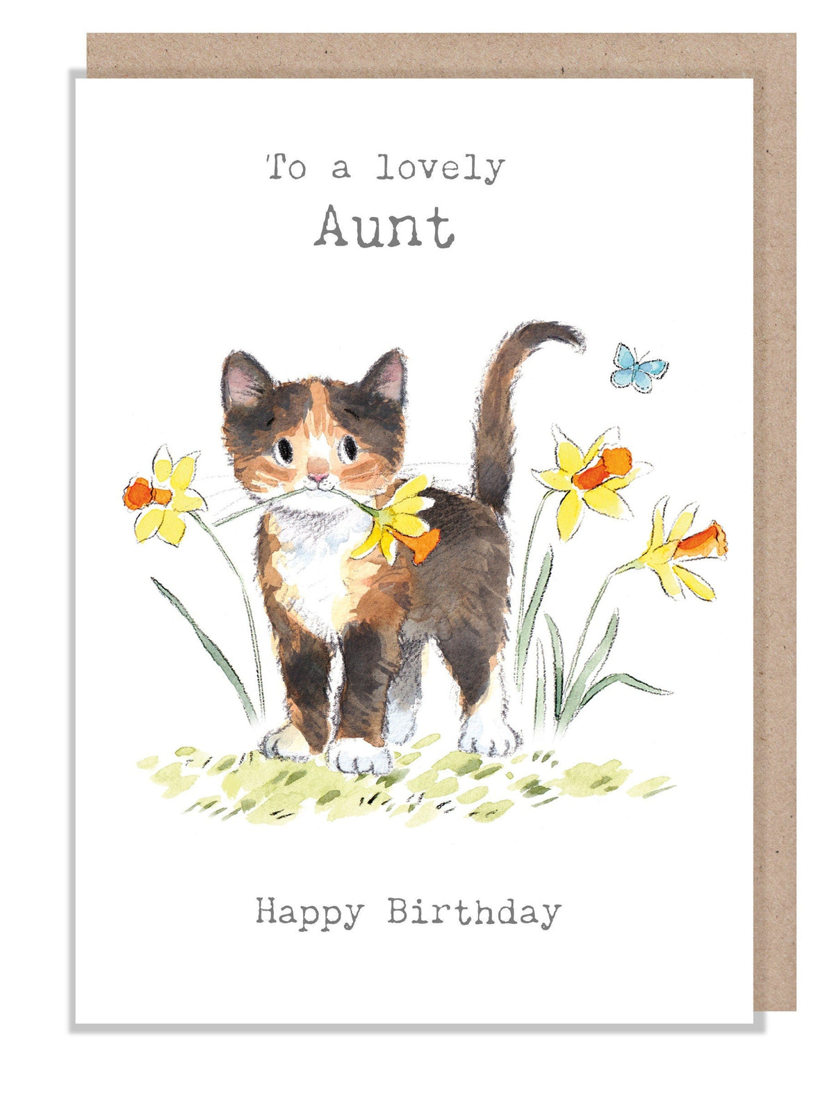 Birthday Card - Lovely Aunt - Brown Kitten with Daffodils