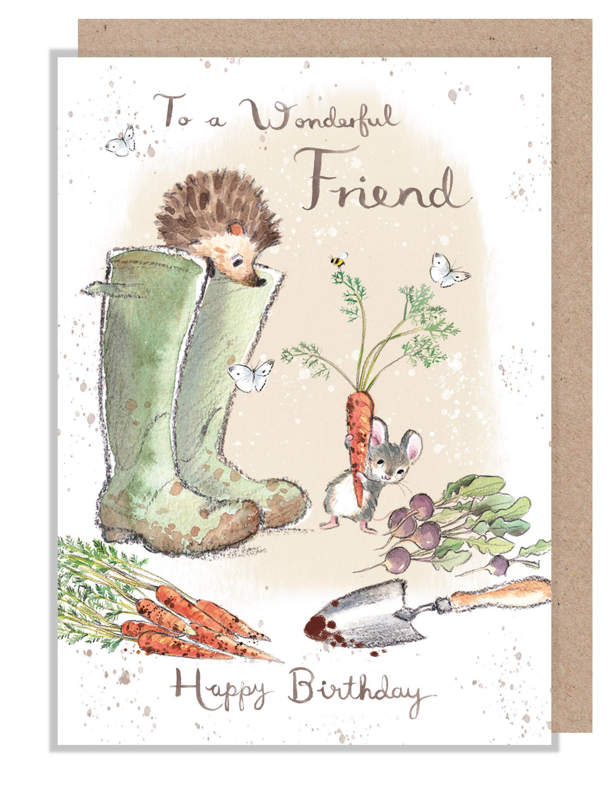 Birthday Card - Wonderful Friend - Hedgehog and Mouse with Green Wellies