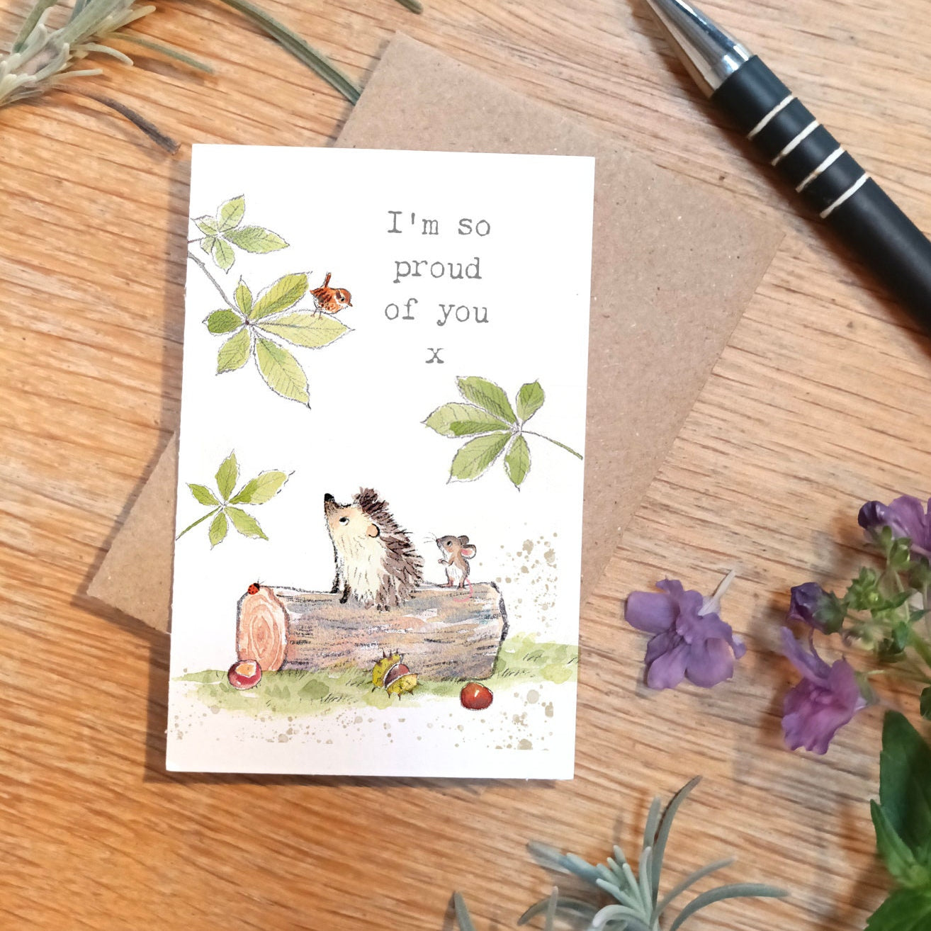 Sentiment Card - I'm So Proud Of You - Hedgehog and Mouse on a Log