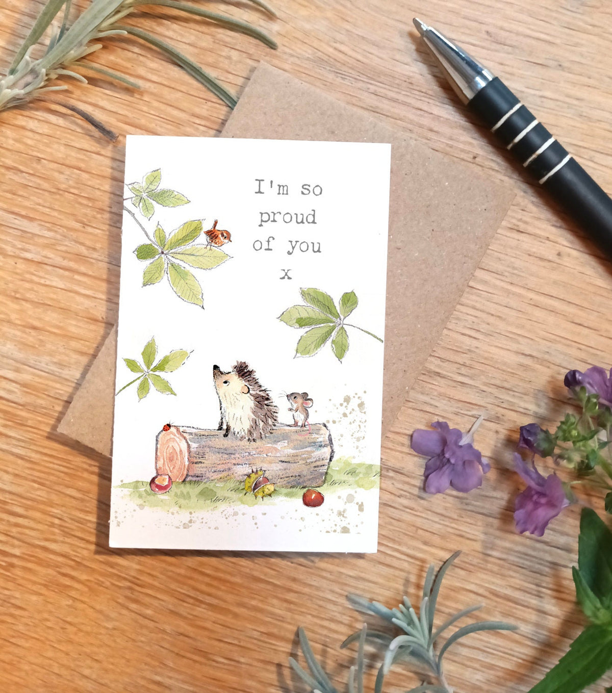 Sentiment Card - I'm So Proud Of You - Hedgehog and Mouse on a Log