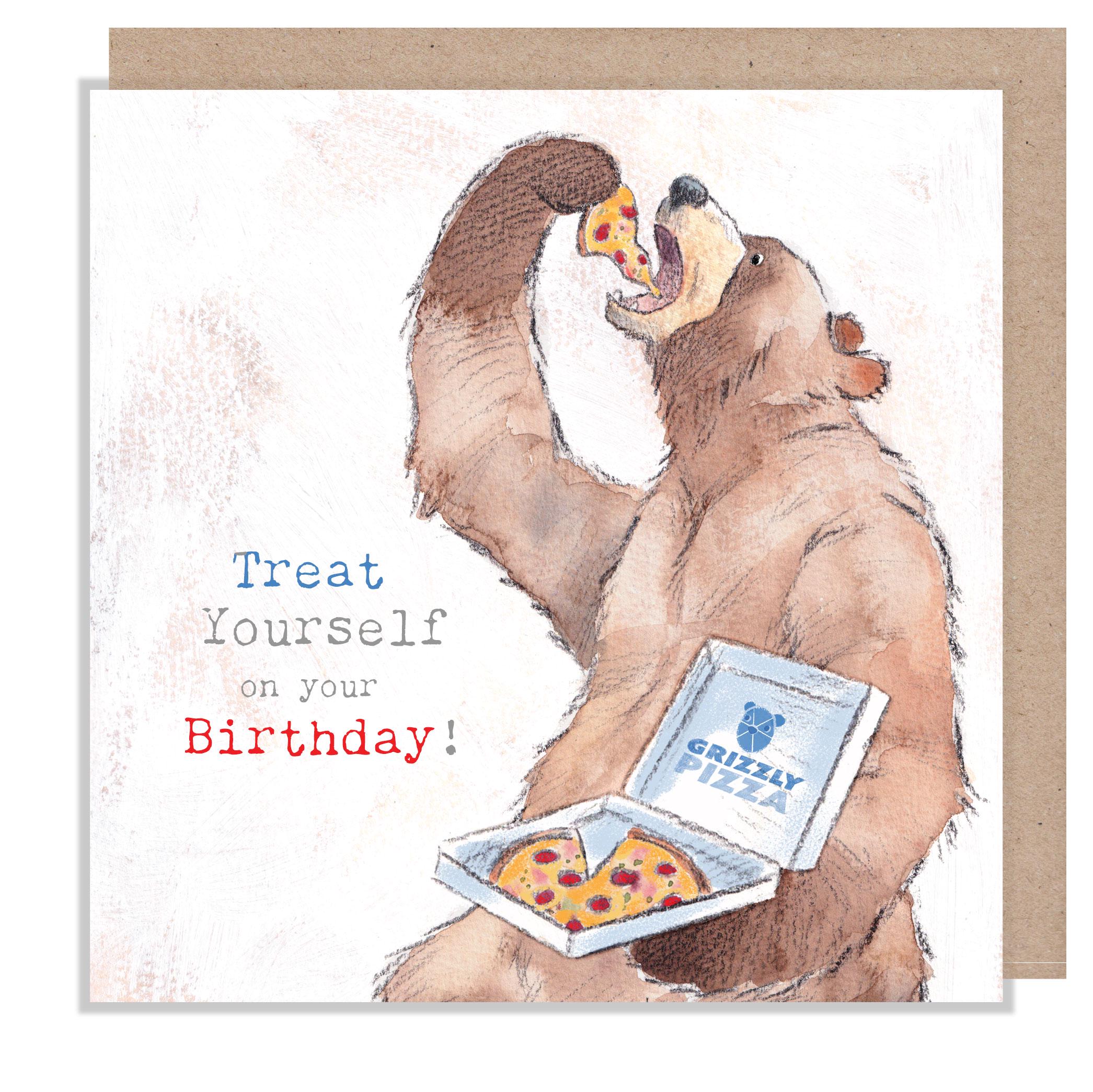 Birthday Card - Treat Yourself - Bear Eating Pizza