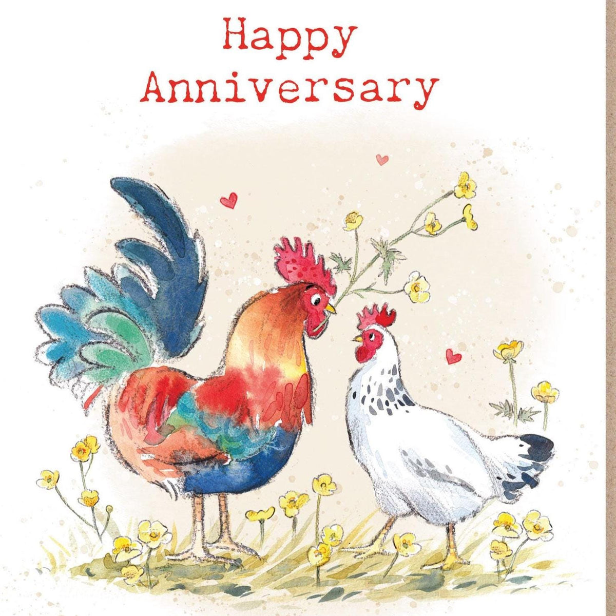 Greeting Card - Happy Anniversary - Cockerel and Hen with Buttercups