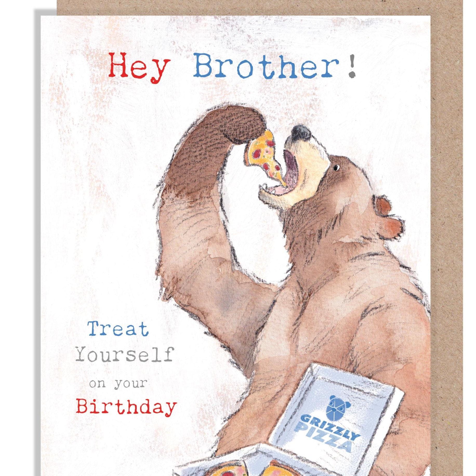 Birthday Card - Hey Brother - Bear Eating Pizza