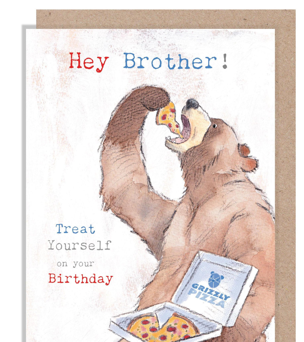 Birthday Card - Hey Brother - Bear Eating Pizza