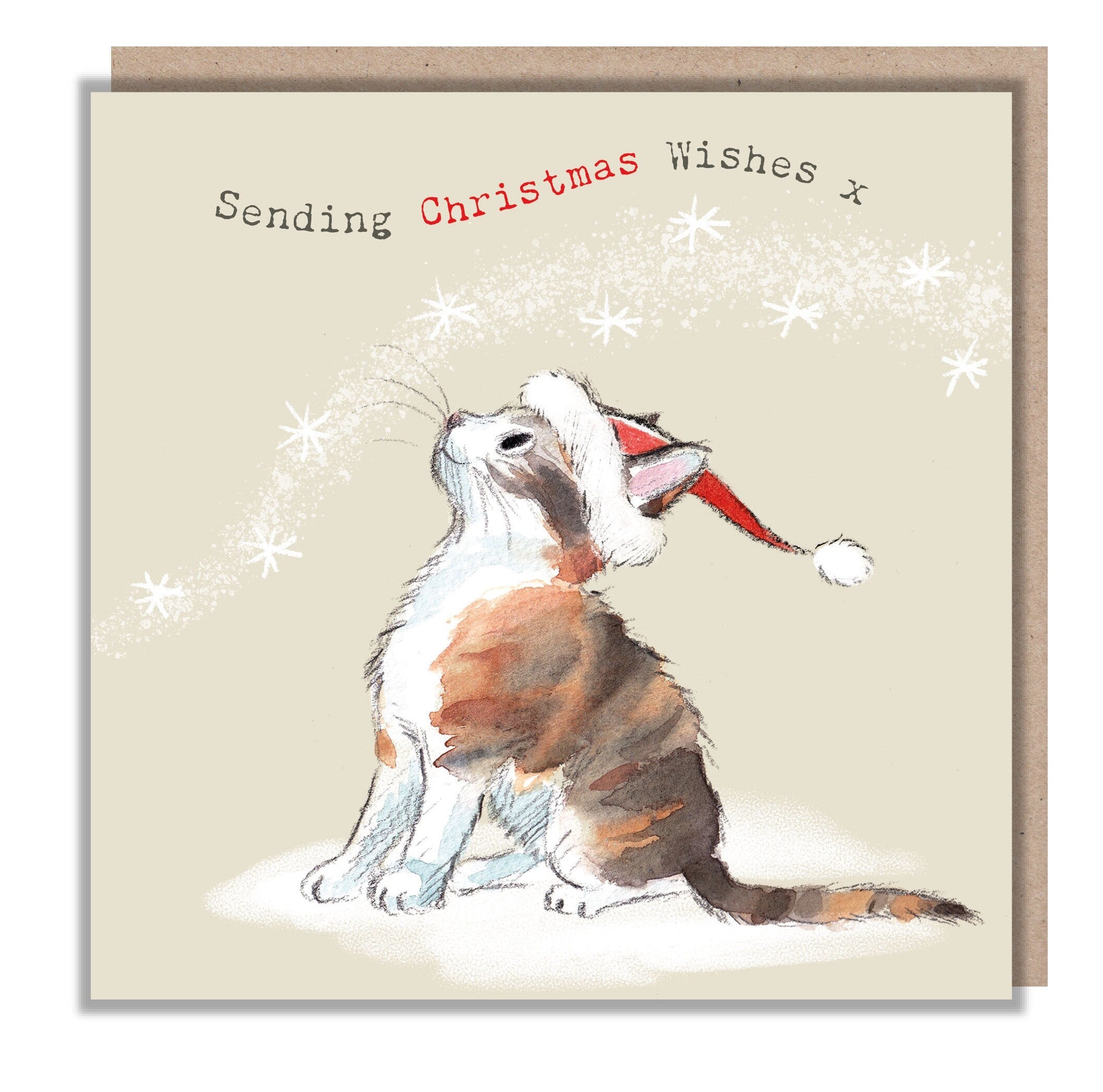 Christmas Card - Sending Christmas Wishes - Kitten Looking Up at Floating Snowflakes